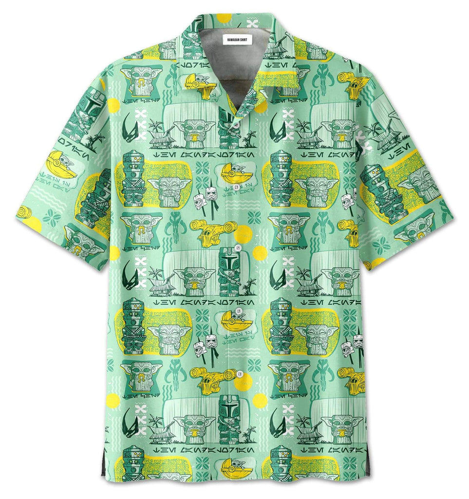  SW Hawaii Shirt Baby Yoda Mandalorian Tiki Style Green Hawaiian Aloha Shirt