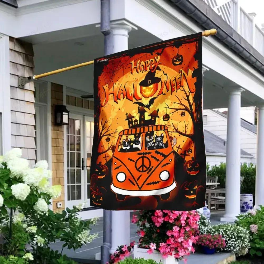 Gifury Halloween Flags Hippie Van Black Cat Happy Halloween Orange Garden Flag Halloween House Flag 2022