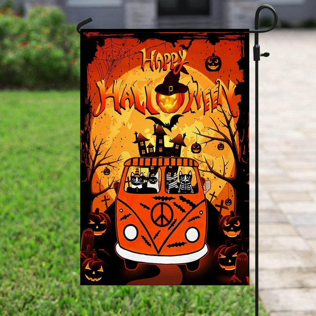 Gifury Halloween Flags Hippie Van Black Cat Happy Halloween Orange Garden Flag Halloween House Flag 2023