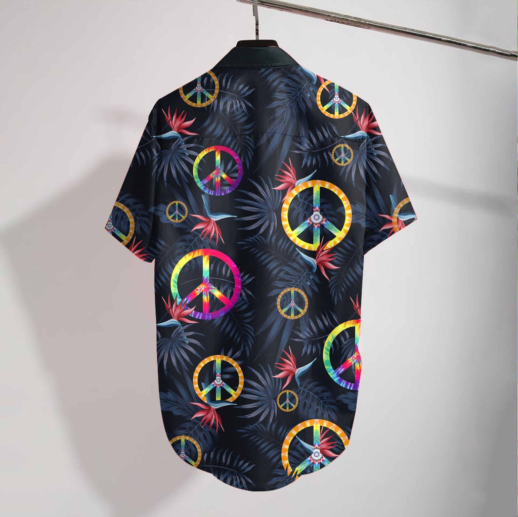  Hippie Shirt Tie Dye Peace Symbol Pattern Tropical Black Hawaii Aloha Shirt