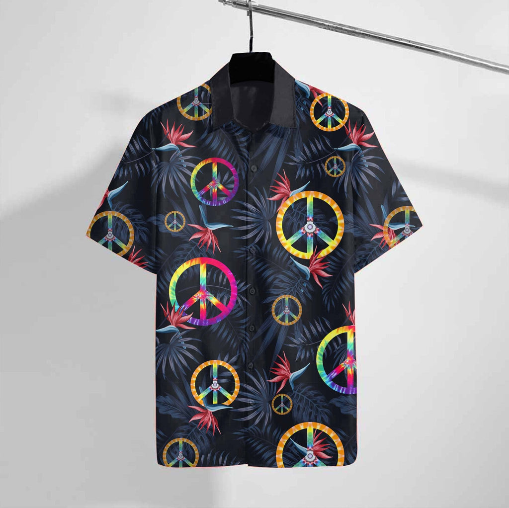  Hippie Shirt Tie Dye Peace Symbol Pattern Tropical Black Hawaii Aloha Shirt