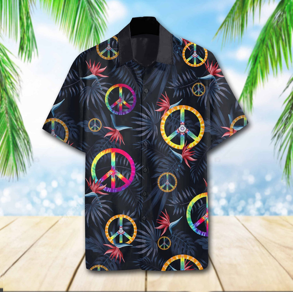  Hippie Shirt Tie Dye Peace Symbol Pattern Tropical Black Hawaii Aloha Shirt