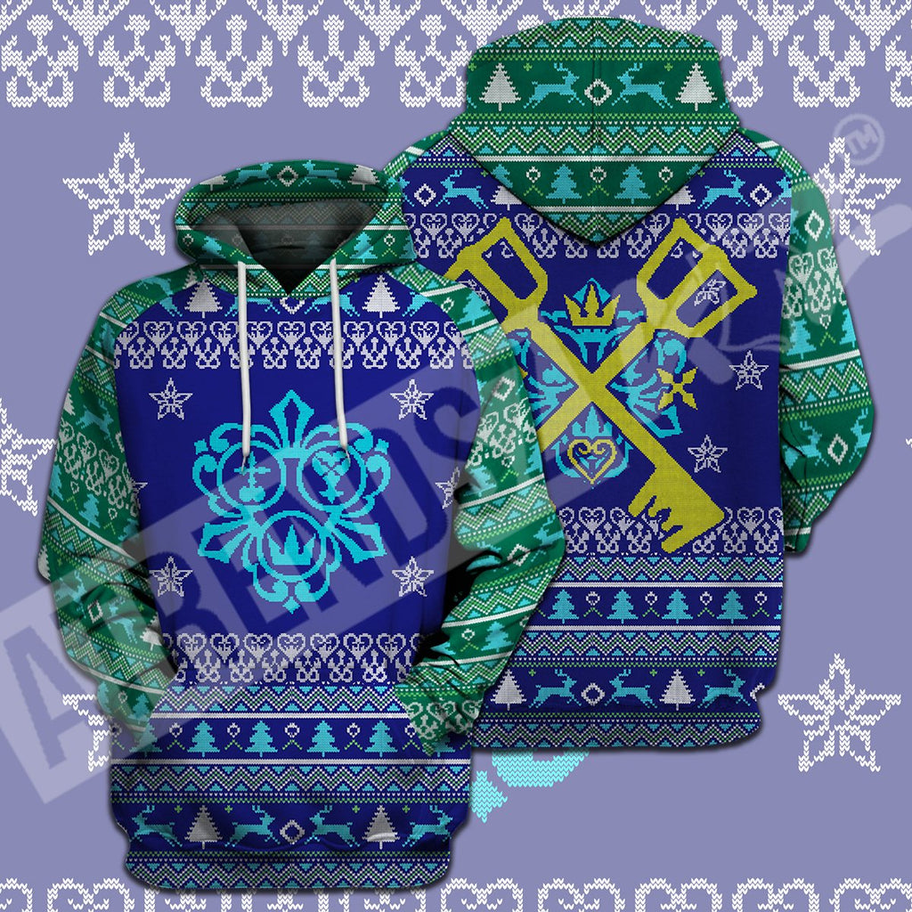  Kingdom Hearts T-shirt Christmas Pattern Keyblade Cross Blue Green T-shirt Hoodie  