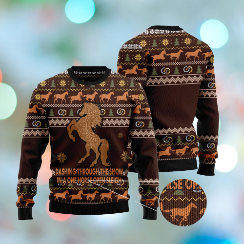 Horse Christmas Ugly Sweater Horse Dashing Through The Snow In A One Horse Open Sleigh Brown Sweater