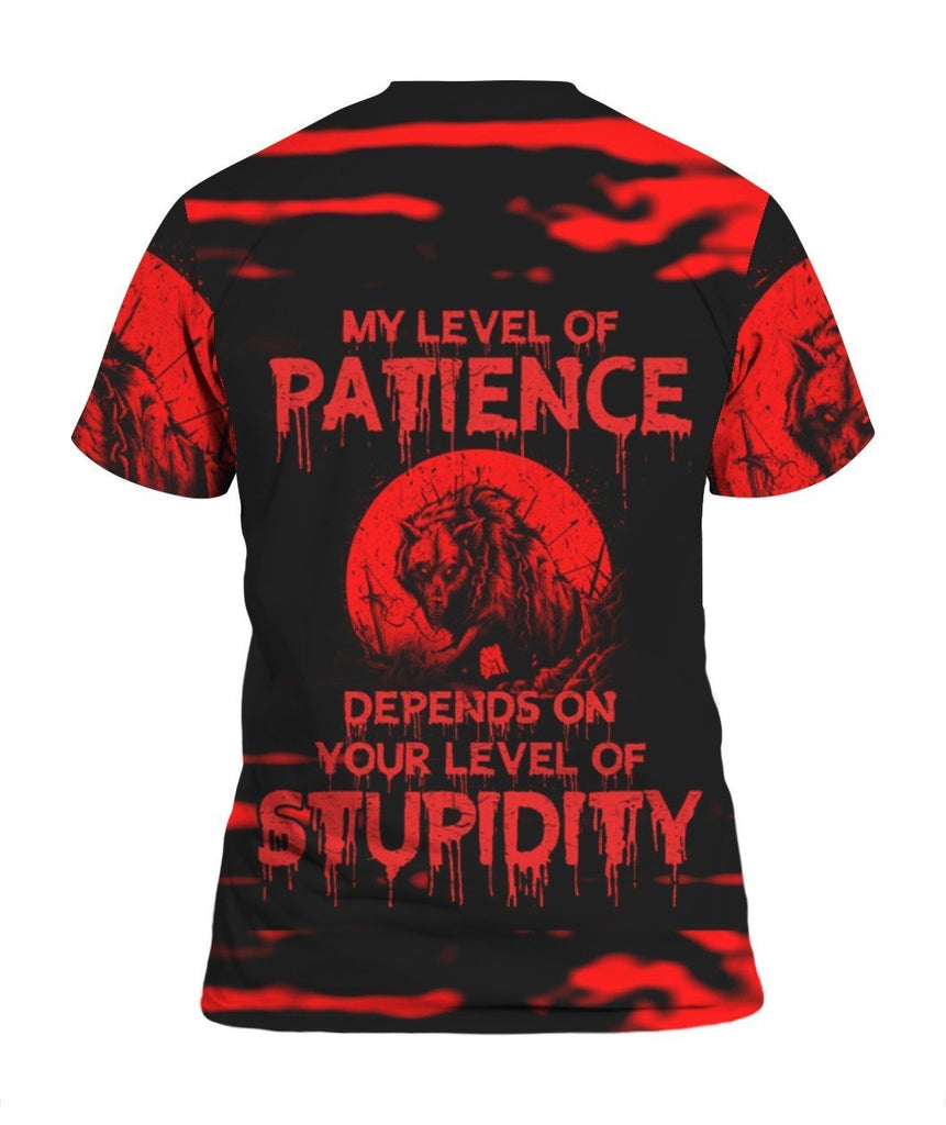 Gifury Halloween T-shirt Scary Wolf My Level Of Patience Depends On Your Level Of Stupidity Red Black Hoodie Halloween Hoodie 2025