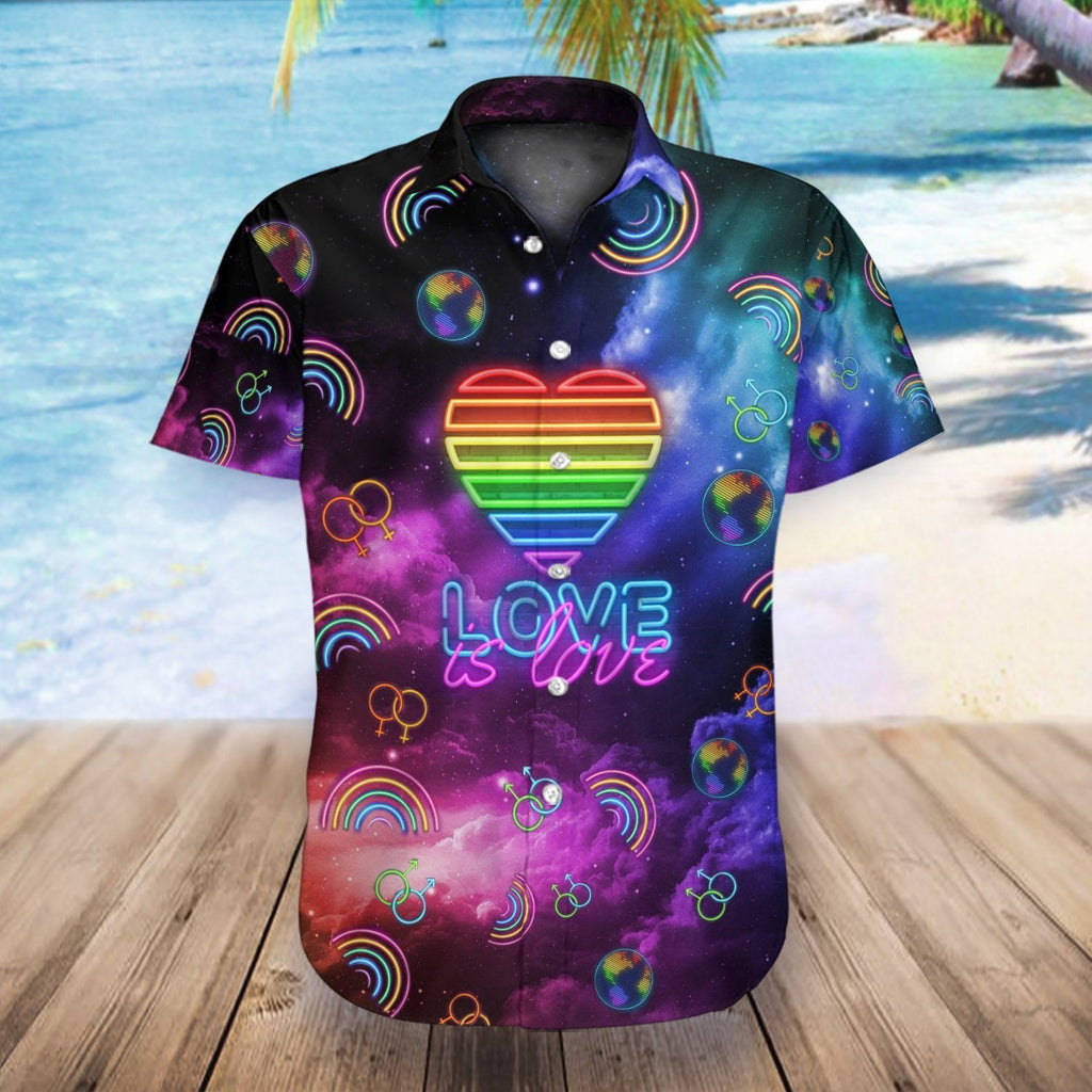 LGBT Hawaiian Shirt Neon Lights Love Is Love Space Galaxy Hawaii Aloha Shirt