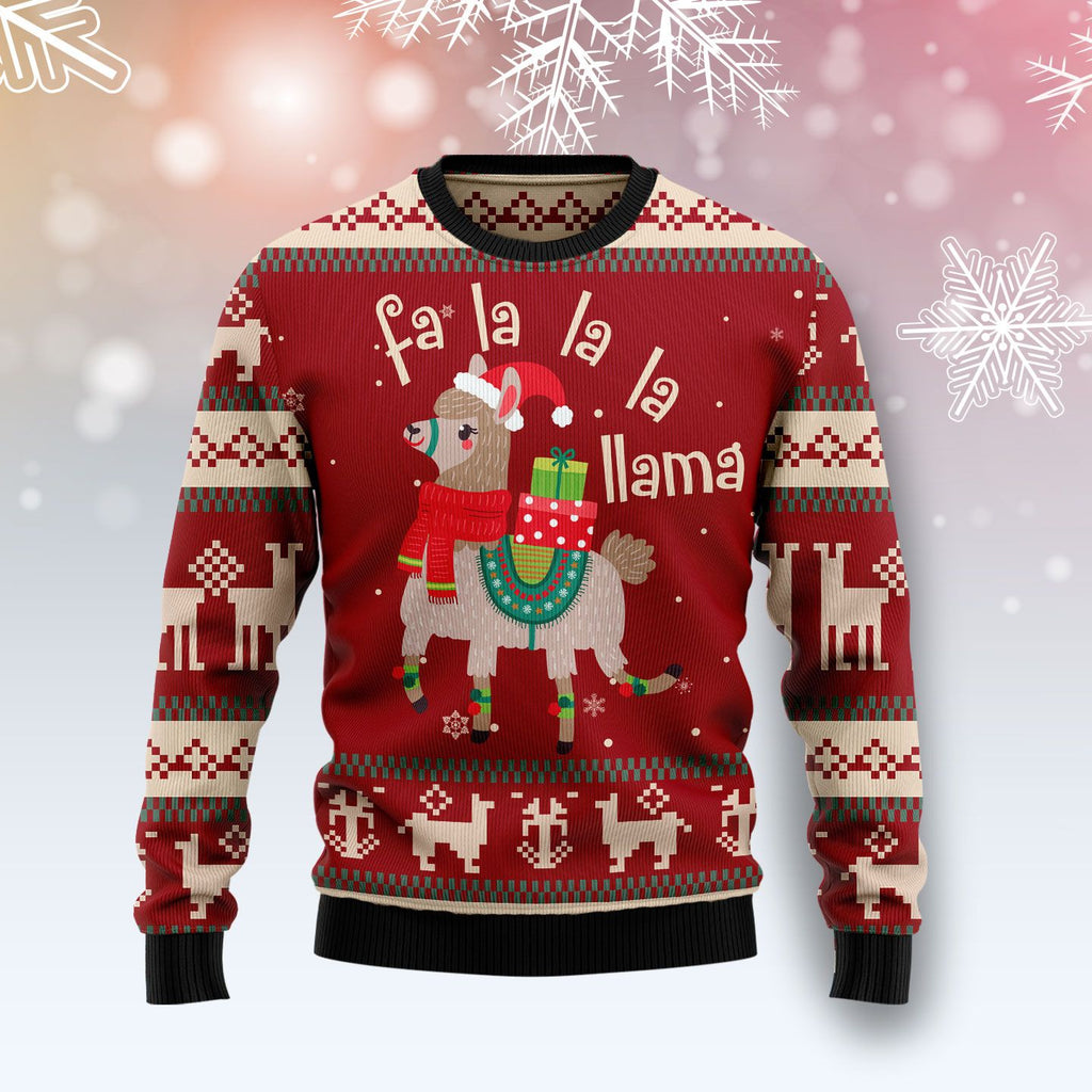 Llama Christmas Ugly Sweater Llama Fa La La La Llama With Christmas Hat And Presents Red White Sweater