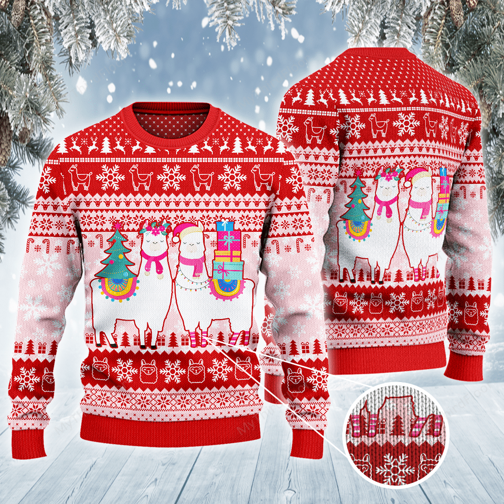 Llama Christmas Ugly Sweater Two Llama With Christmas Tree And Presents Red White Sweater