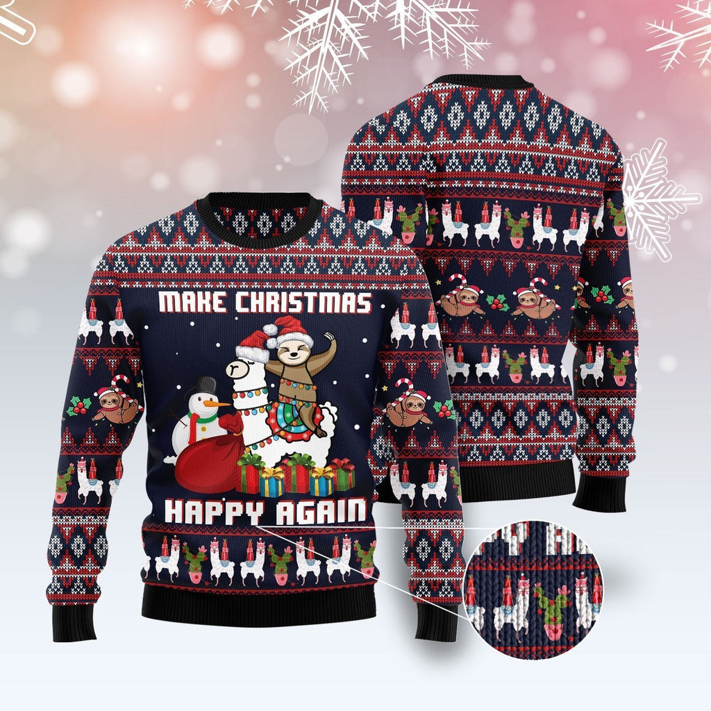 Llama Christmas Ugly Sweater Llama and Sloth Make Christmas Happy Again Sweater