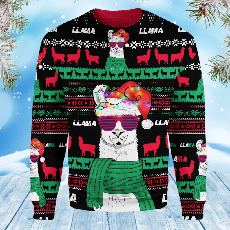 Llama Christmas Ugly Sweater Cool Llama With Sunglasses And Scarf Black Green Christmas Sweater
