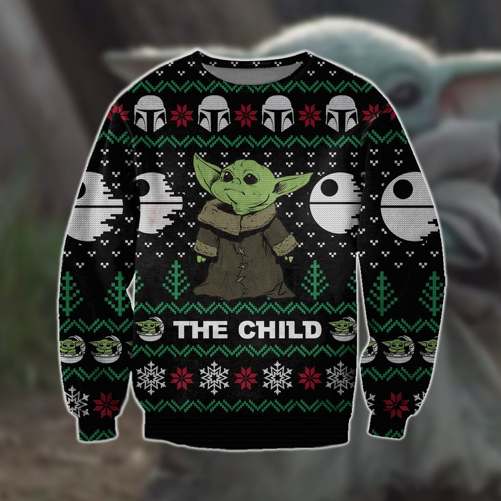 SW Christmas Ugly Sweater The Child Mando Helmet Death Star Pattern Christmas Black Sweater