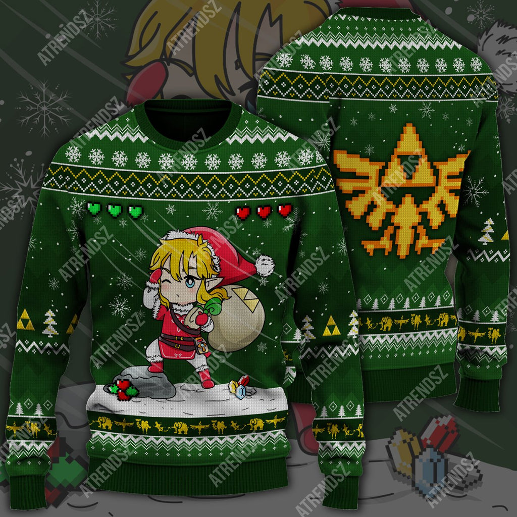  Legend Of Zelda Sweater Cute Chibi Link Heart Lives Ugly Sweater Legend Of Zelda Ugly Sweater 