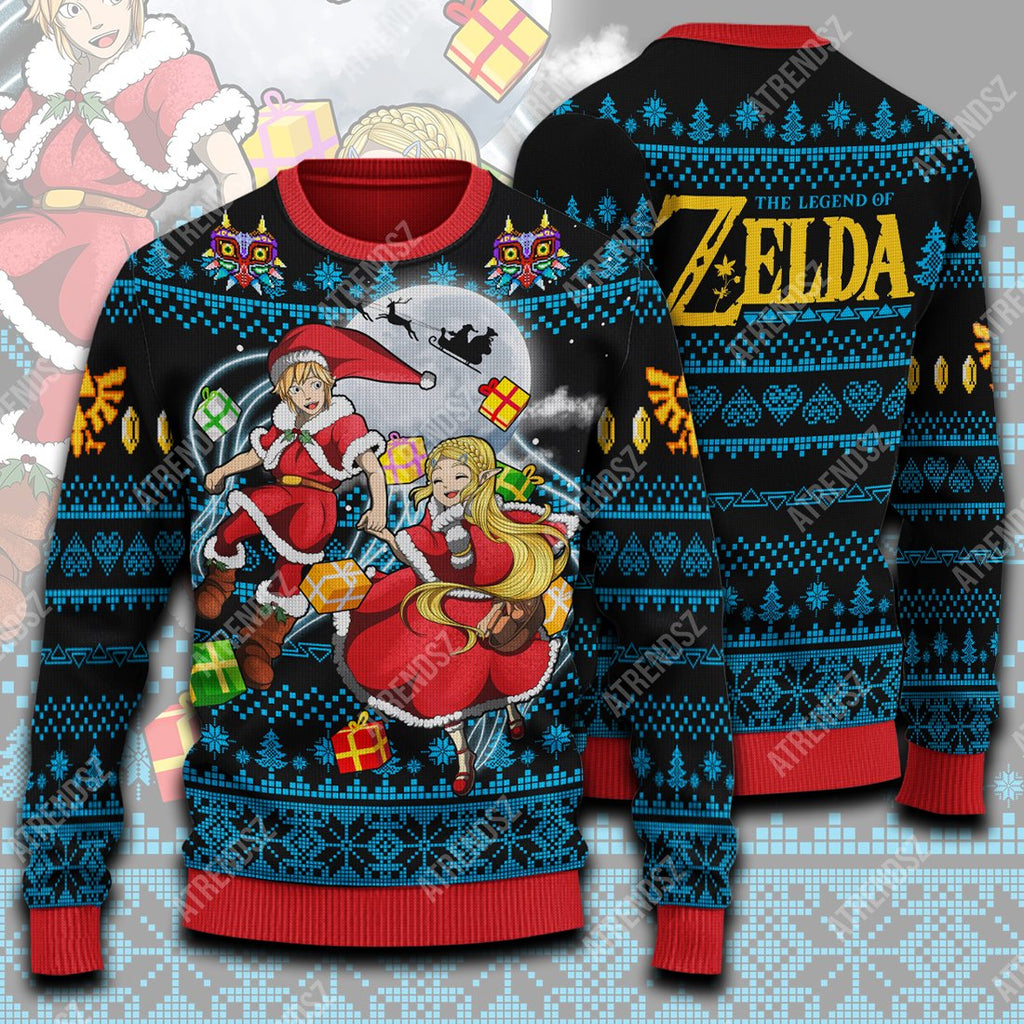  Legend Of Zelda Sweater Zelda Link Present Giving Ugly Sweater Black Blue Legend Of Zelda Ugly Sweater 