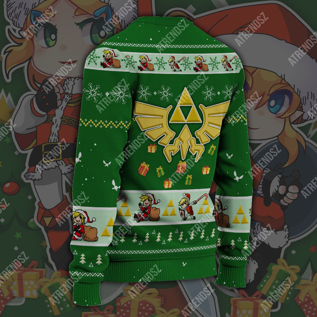  Legend Of Zelda Sweater Green Chibi Link Zelda Hyrule Symbol Ugly Sweater Legend Of Zelda Ugly Sweater 