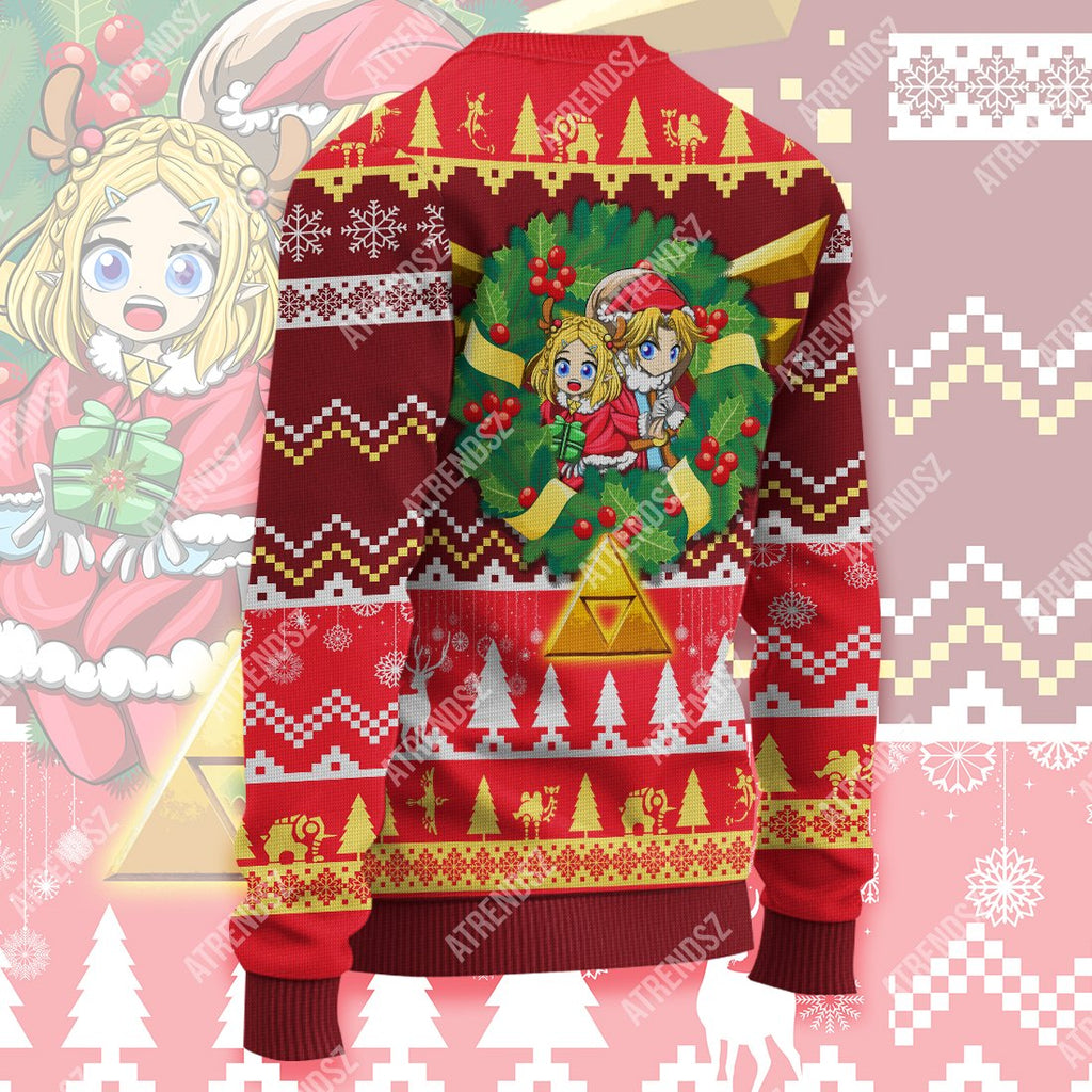  Legend Of Zelda Sweater Chibi Zelda Link Wreath Christmas Ugly Sweater Legend Of Zelda Ugly Sweater 