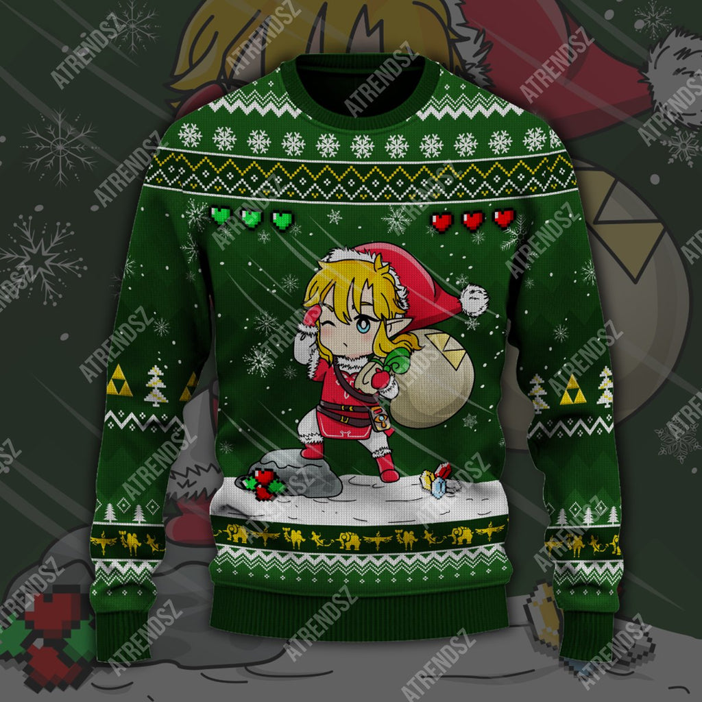  Legend Of Zelda Sweater Cute Chibi Link Heart Lives Ugly Sweater Legend Of Zelda Ugly Sweater 