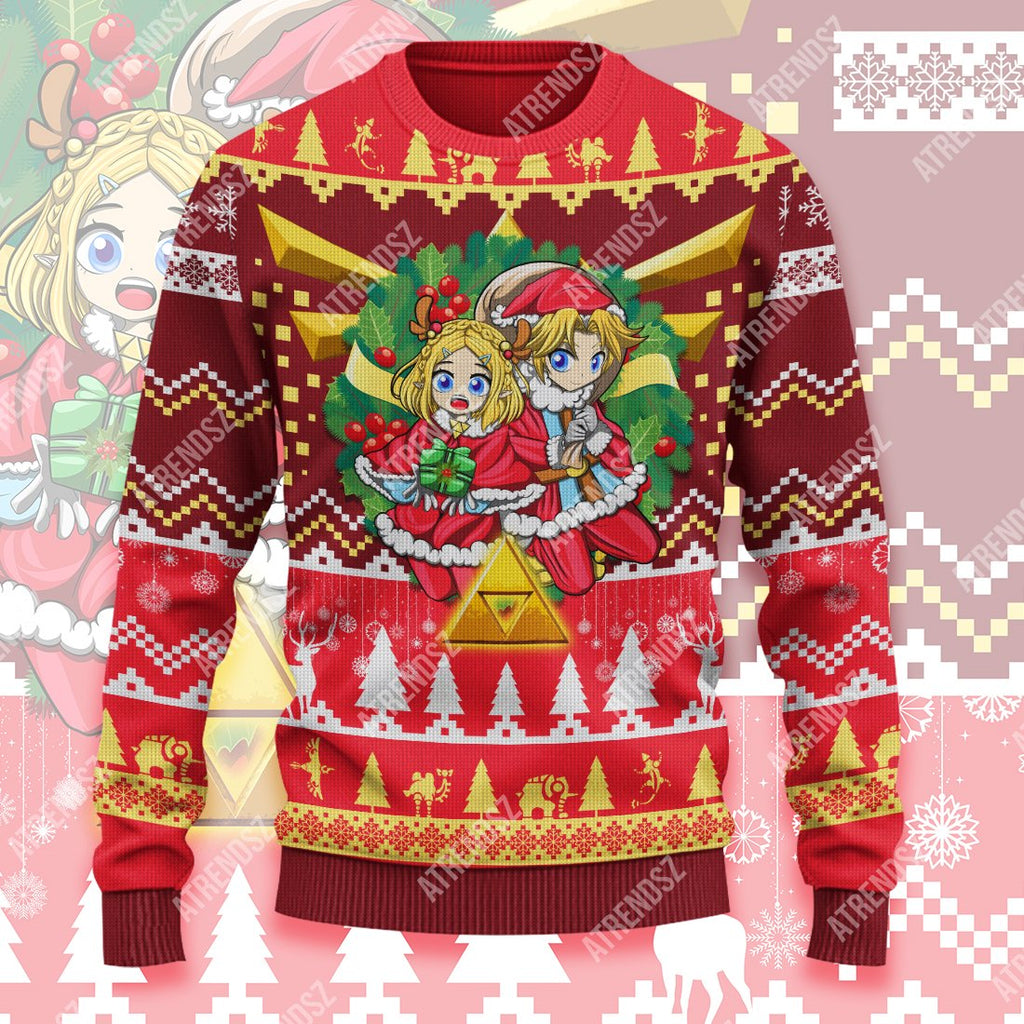  Legend Of Zelda Sweater Chibi Zelda Link Wreath Christmas Ugly Sweater Legend Of Zelda Ugly Sweater 