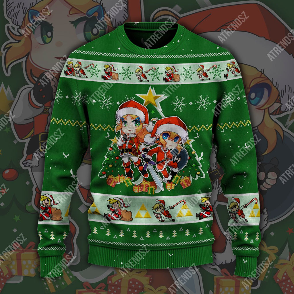  Legend Of Zelda Sweater Green Chibi Link Zelda Hyrule Symbol Ugly Sweater Legend Of Zelda Ugly Sweater 