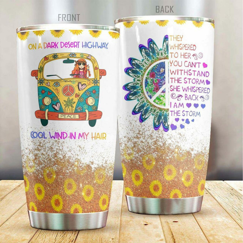  Hippie Tumbler Cup 20 Oz They Whispered To Her You Can't Withstand The Storm Hippie Van Sunflower Tumbler 20 Oz