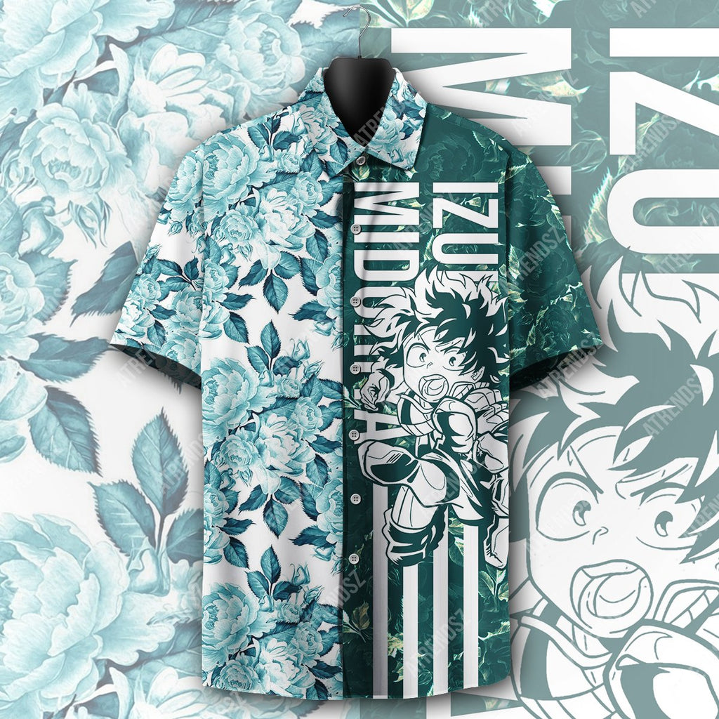  My Hero Academia Hawaiian Shirt Midoriya Izuku Floral Blue Green Hawaii Aloha Shirt