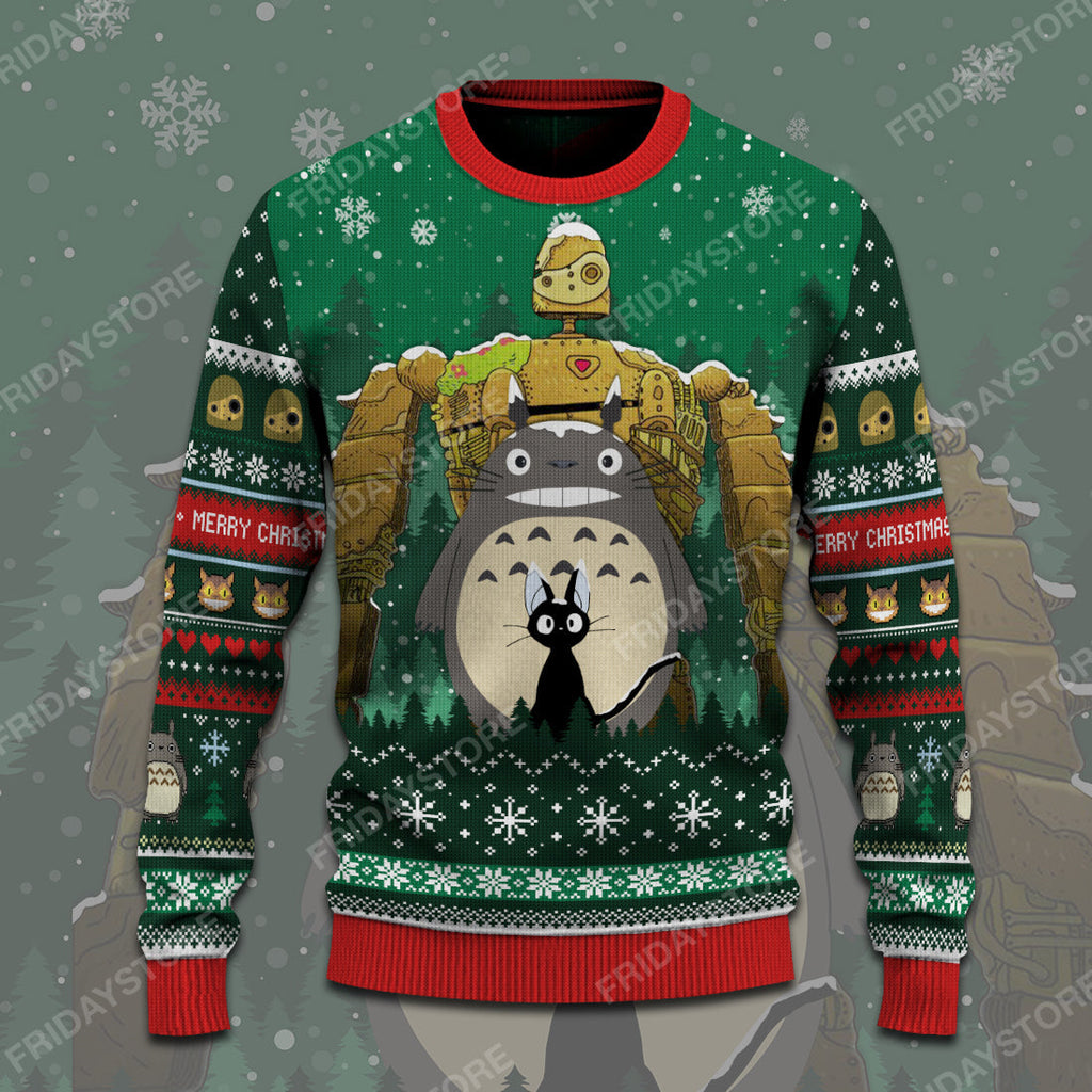  S.Ghibli Ugly Sweater S.Ghibli Toro And Kiki's Cat Christmas Sweater Awesome Totoro Ugly Sweater 