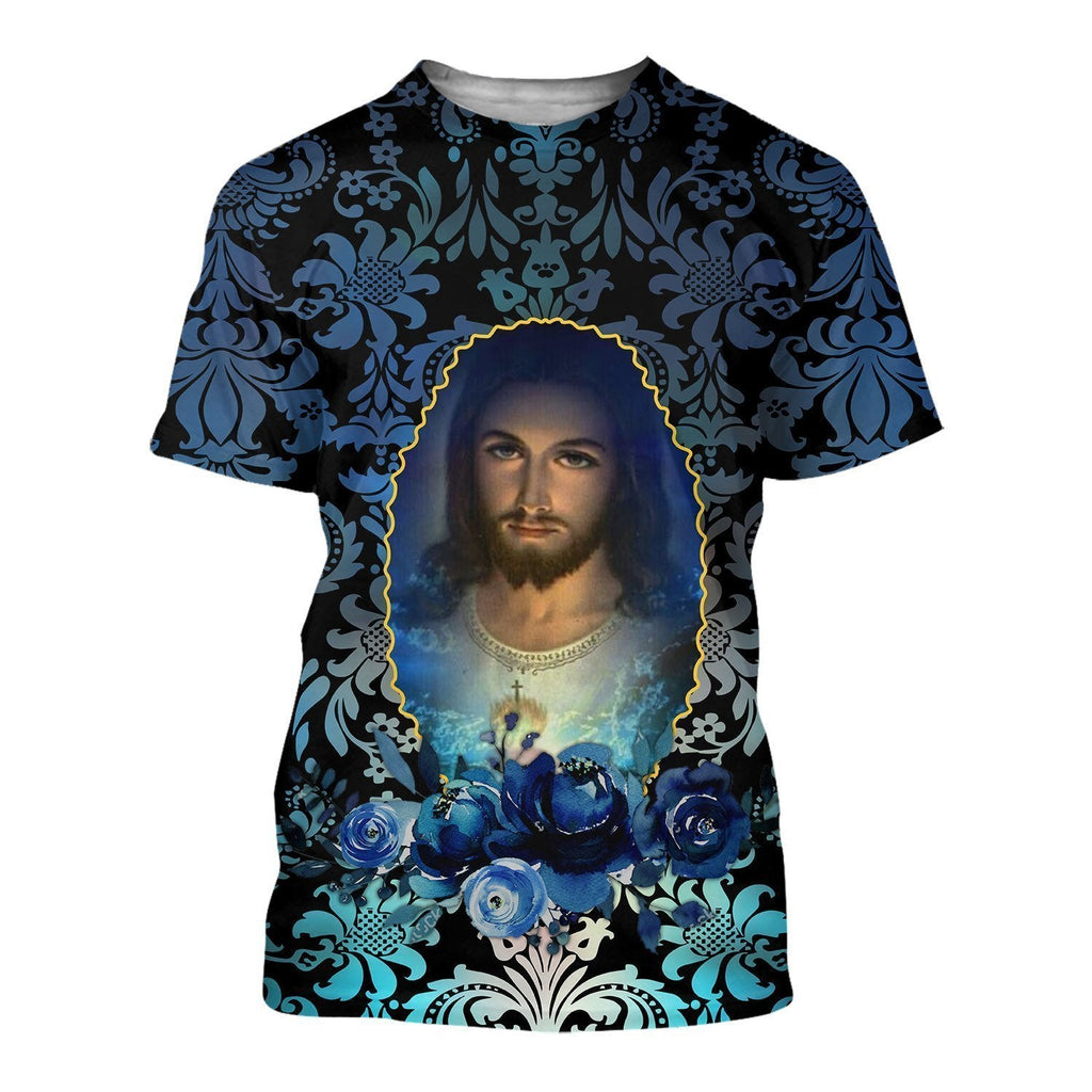  Jesus T-shirt Picture Of Jesus Blue Flower Pattern T-shirt Hoodie Adult Unisex Full Print