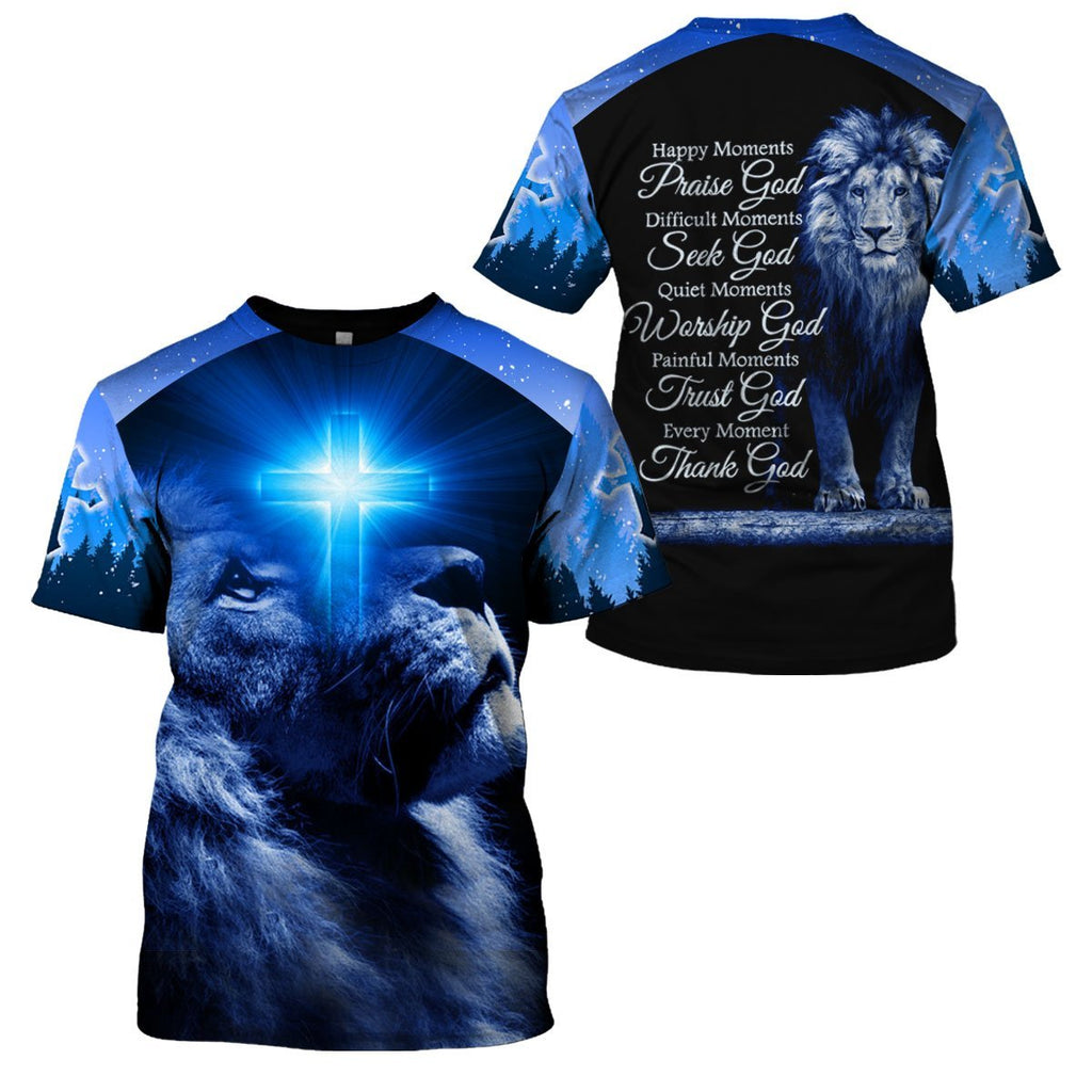  Jesus Shirt Christian Apparel Happy Moments Praise God Difficult Moments Seek God Lion Blue T-shirt Hoodie Adult Full Print