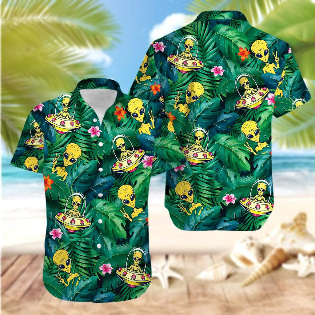 Gifury Alien UFO Hawaiian Shirt Alien In UFO Tropical Green Hawaii Shirt UFO Aloha Shirt 2022