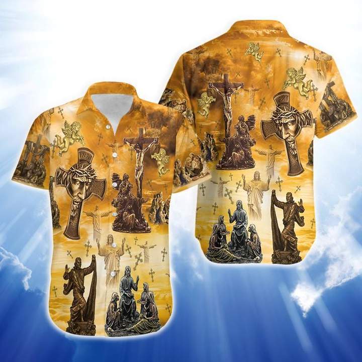  Jesus Hawaiian Shirt Bronze Jesus Cross Statue Yellow Hawaii Aloha Shirt