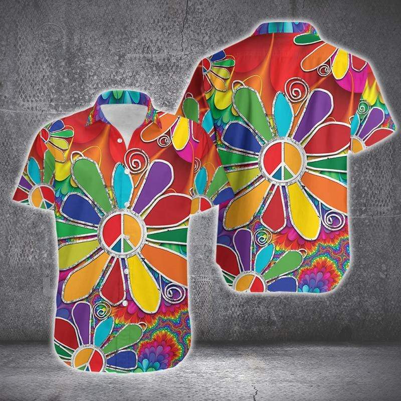  Hippie Shirt Hippie Flowers Peace Signs Colorful Hawaiian Aloha Shirt