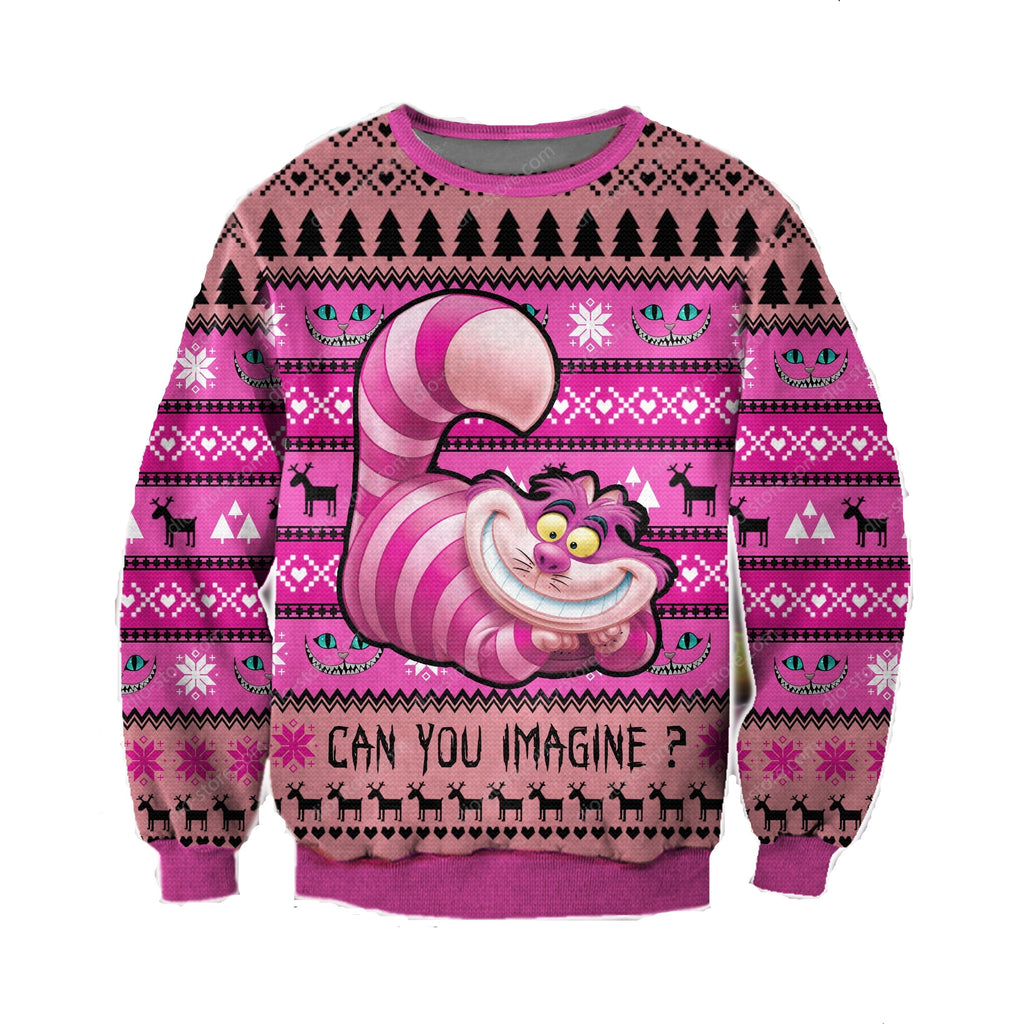  DN Chrsitmas Ugly Sweater Cheshire Cat Can You Imgine Christmas Pink Sweater