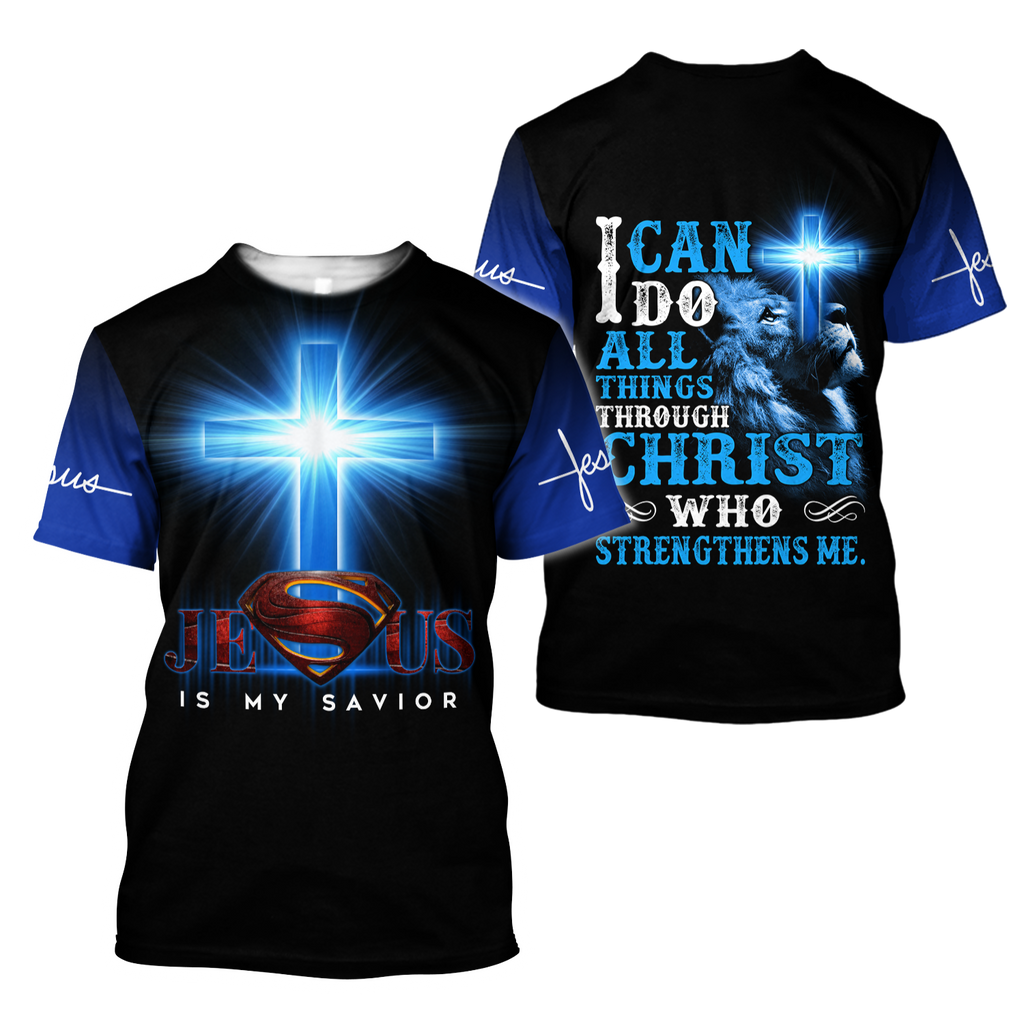  Jesus T-shirt Lion I Can Do All Things Through Christ Who Strengthens Me Blue T-shirt Hoodie Adult Full Print