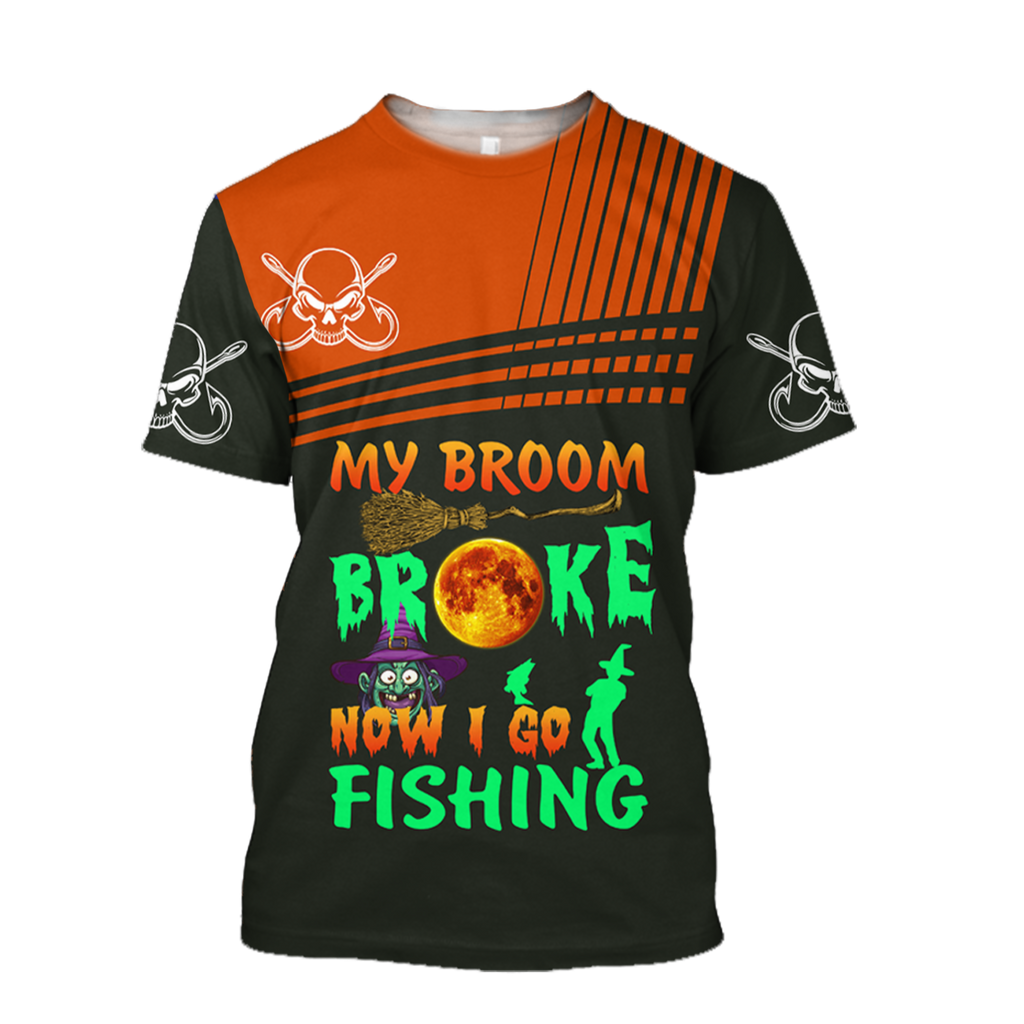 Gifury Halloween Shirt Halloween Apparel Halloween My Broom Broke Now I Go Fishing Fishing Reaper Black Orange T-shirt Halloween Hoodie 2024