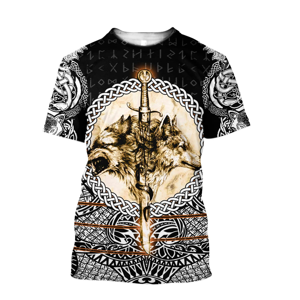  Viking Shirt Viking Wolves And Sword Norse Art Black White T-shirt Adult Full Size Full Print