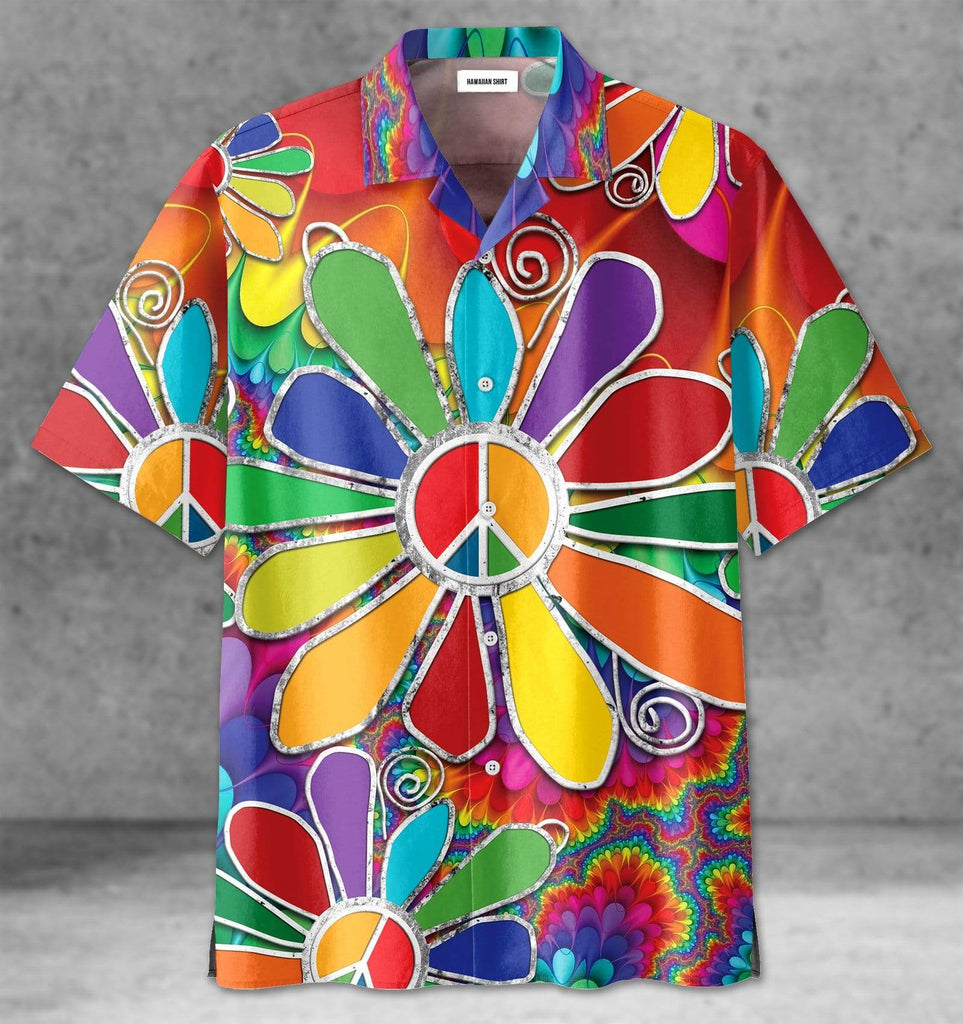  Hippie Shirt Hippie Flowers Peace Signs Colorful Hawaiian Aloha Shirt
