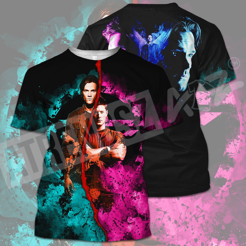  Supernatural T-shirt Dean And Sam Winchester Blue Pink T-shirt Hoodie  