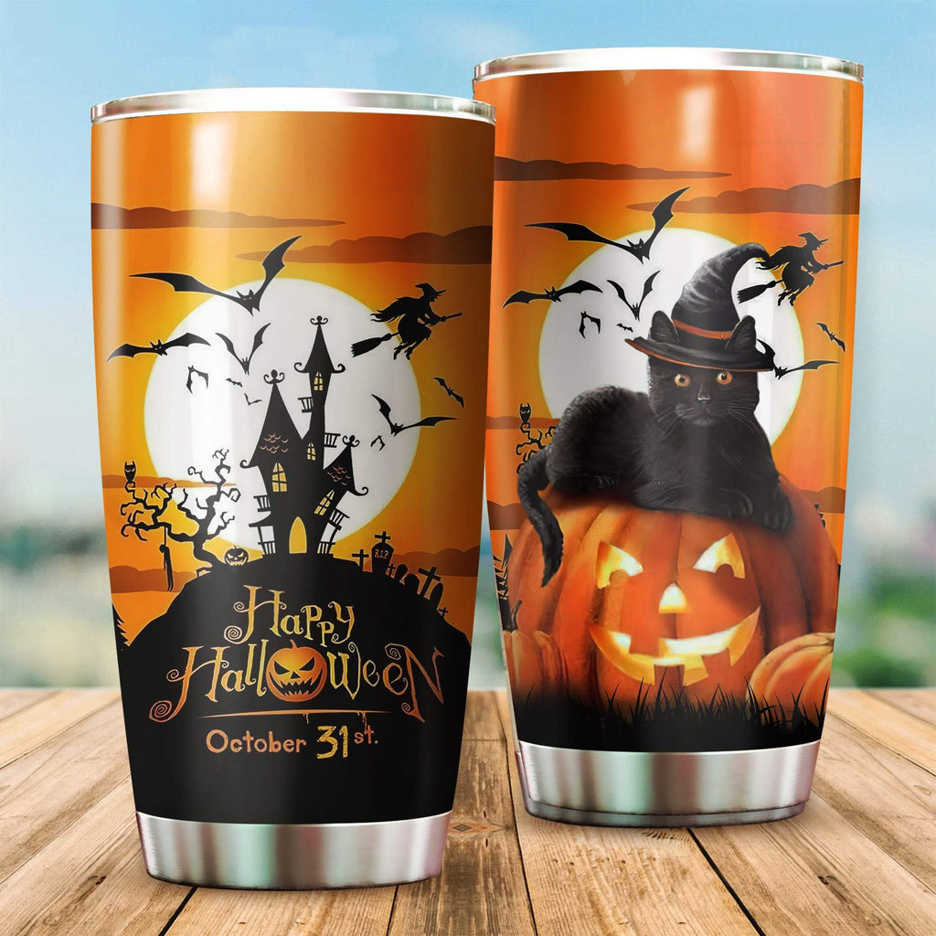 Gifury Halloween Tumbler 20 Oz Happy Halloween 31st October Black Cat Orange Tumbler Halloween Travel Mug 2022