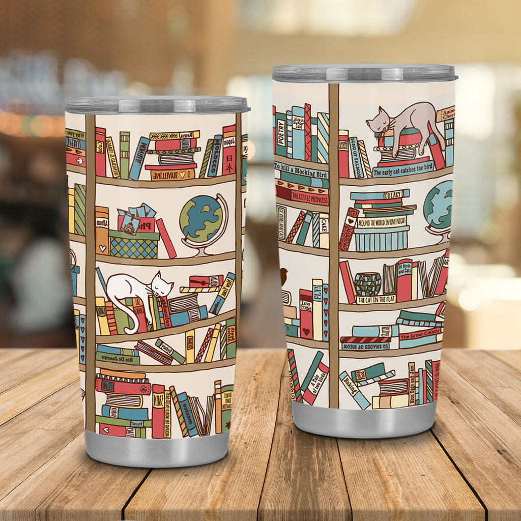 Gifury Book Tumbler Bookshelf Cat Tumbler Cup Books Travel Mug 2023