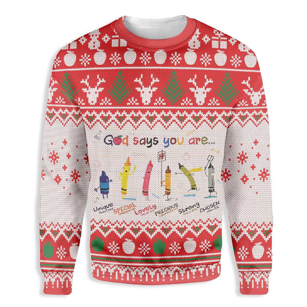 Gifury Teacher Christmas Sweater God Says You Are Awesome Teacher Crayons White Ugly Sweater Teacher Ugly Sweater 2022