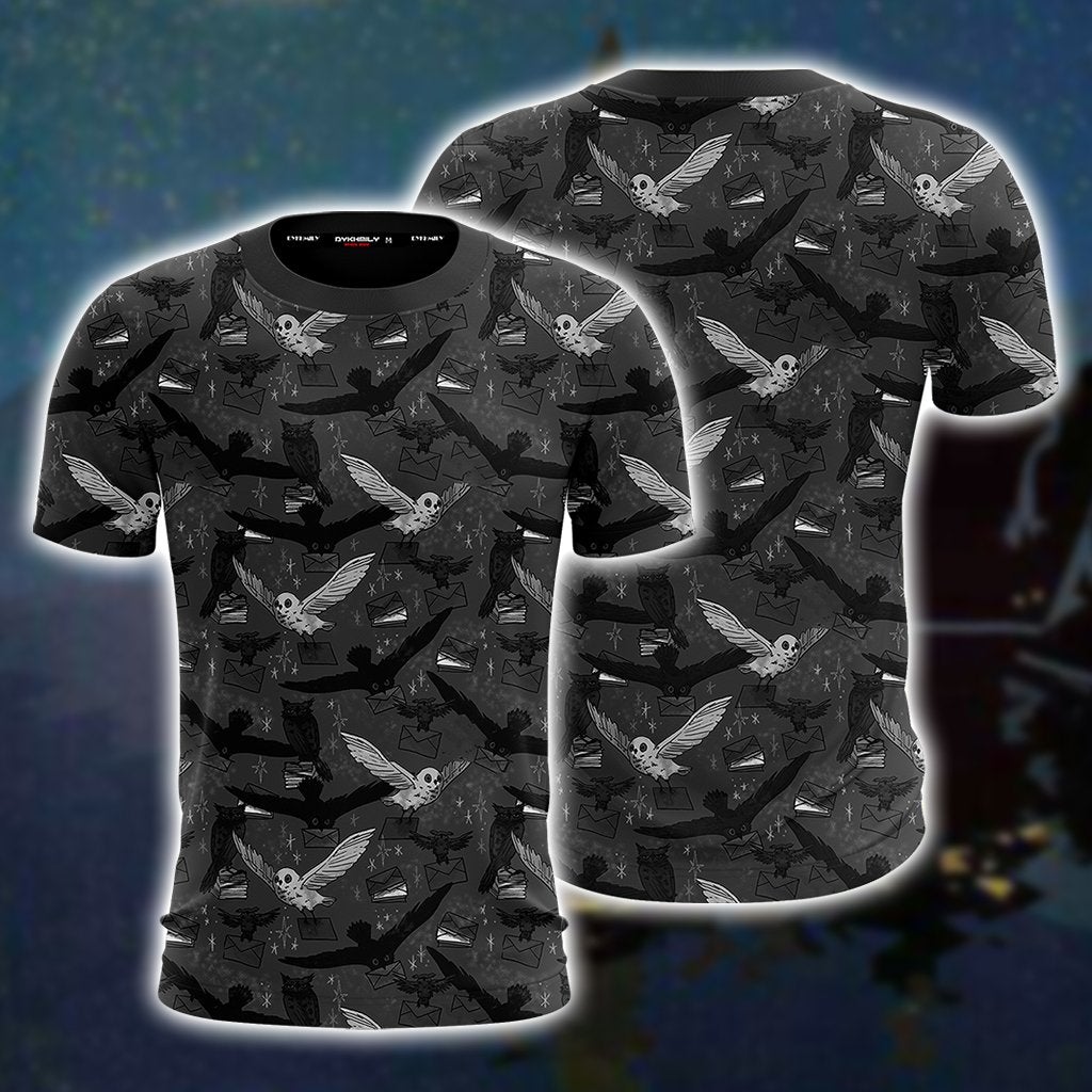 HP T-shirt Hedwig Owl Seamless Pattern HP Black Grey Shirt