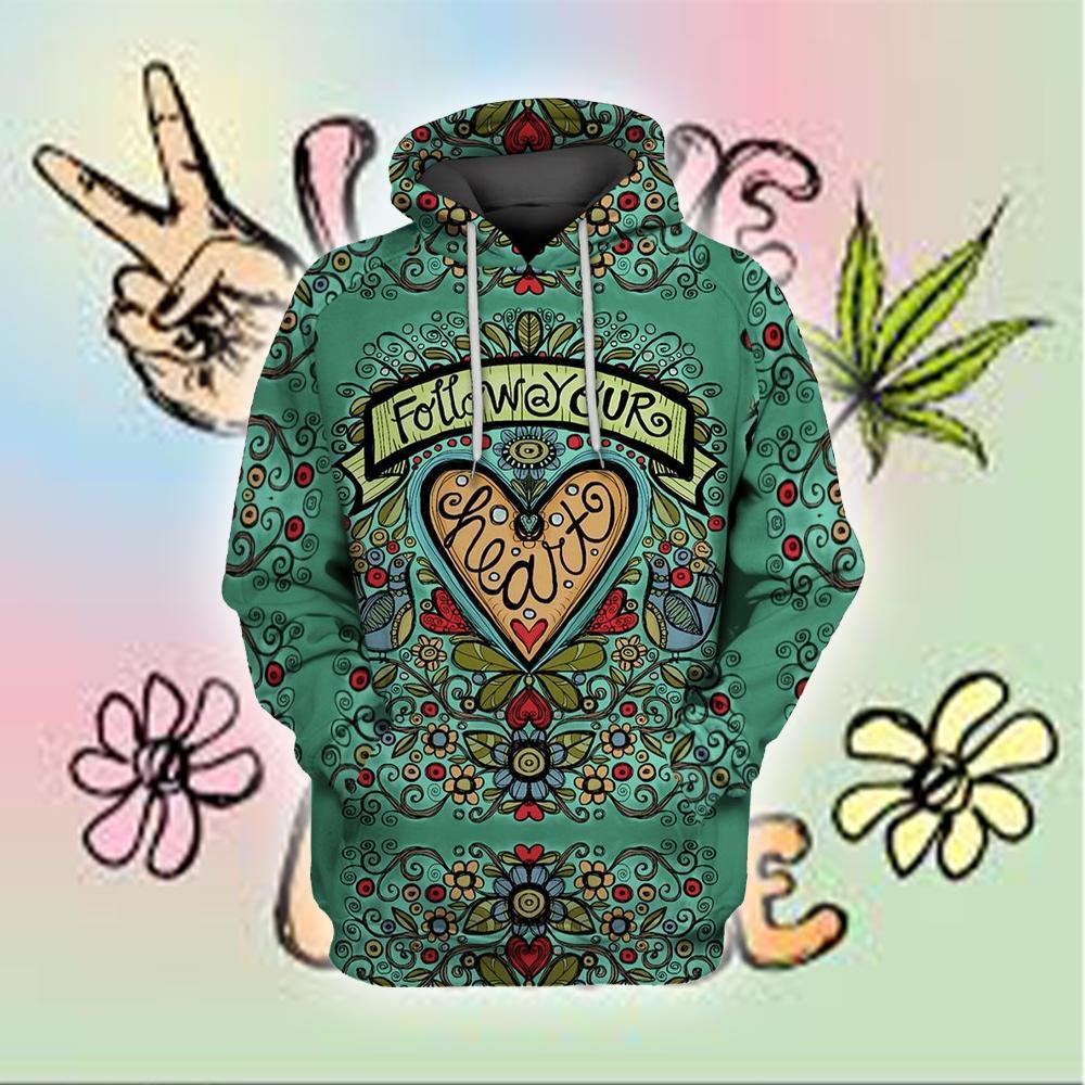  Hippie T-shirt Follow Your Heart Flowers Green T-shirt Hoodie Adult Unisex Full Print