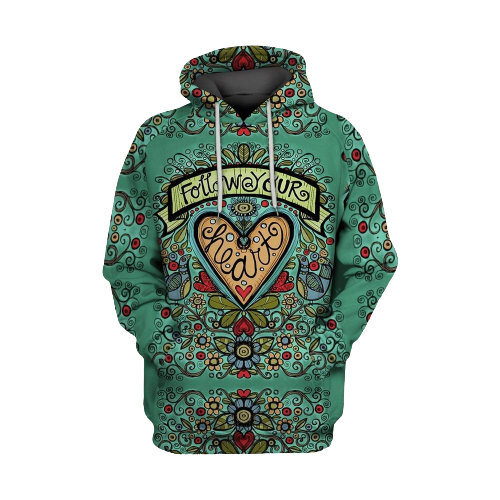  Hippie T-shirt Follow Your Heart Flowers Green T-shirt Hoodie Adult Unisex Full Print