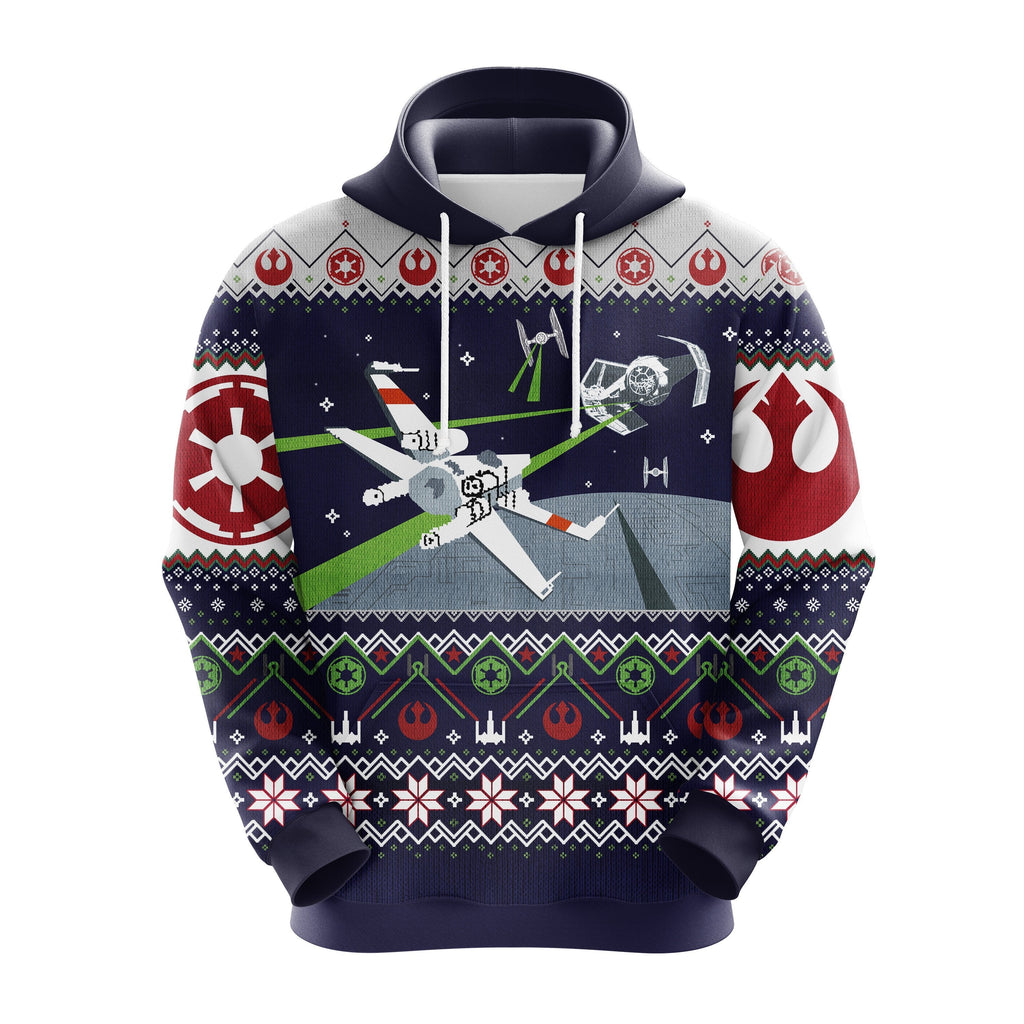 SW Hoodie Spaceship Fight Christmas SW Symbols Blue White Hoodie