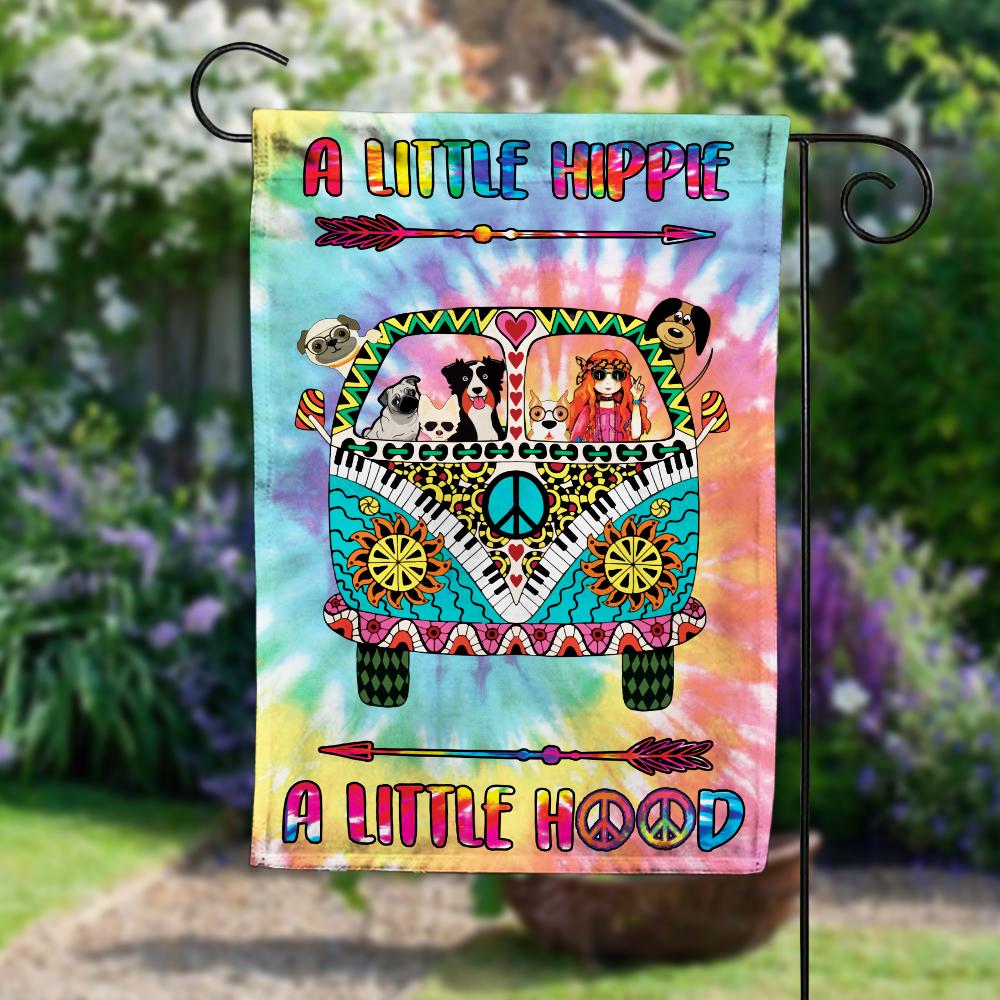  Hippie Dog House Flag A Little Hippie A Little Hood Hippie Girl And Dog In Car Garden Flag