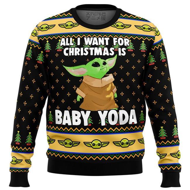 SW Christmas Sweater All I Want For Christmas Is Baby Yoda Black Green Yellow Ugly Sweater