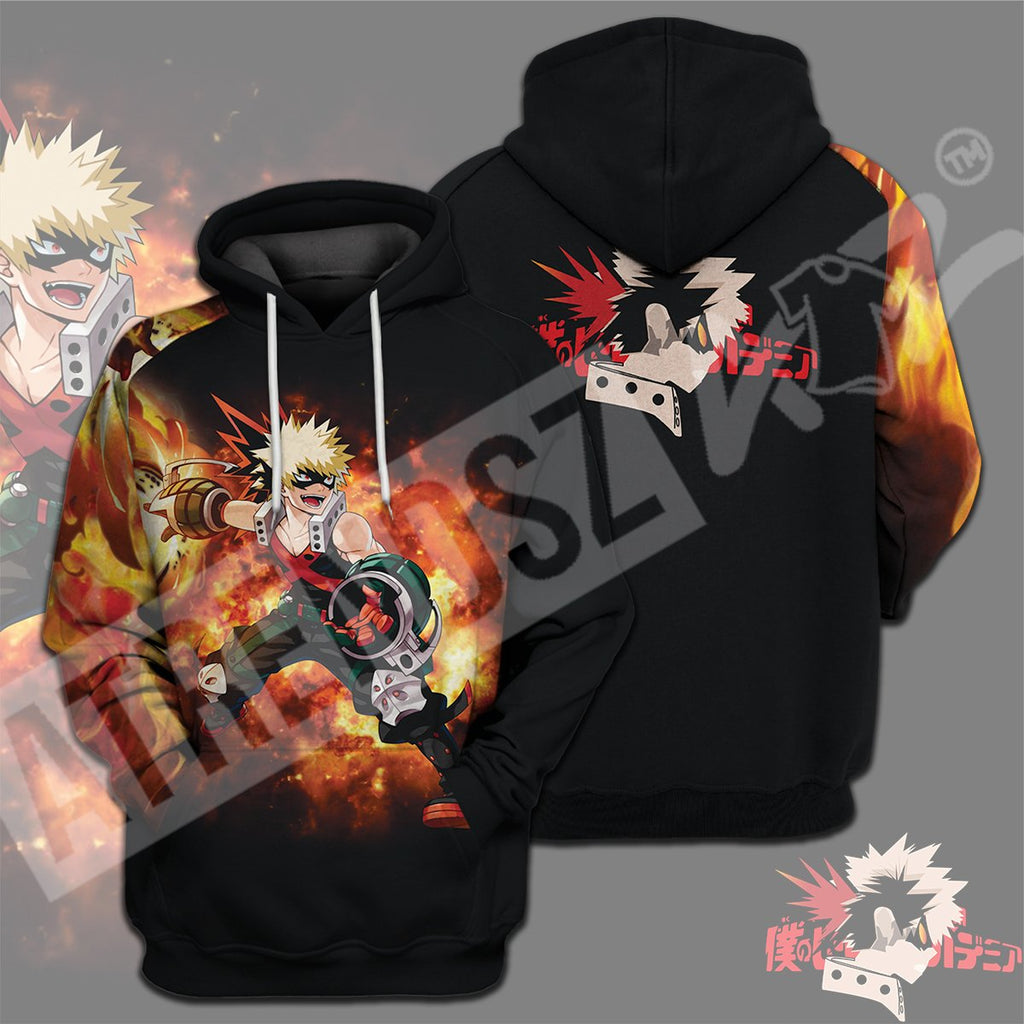  My Hero Academia T-shirt Bakugou Silhouette Fire My Hero Academia Logo Black T-shirt Hoodie  