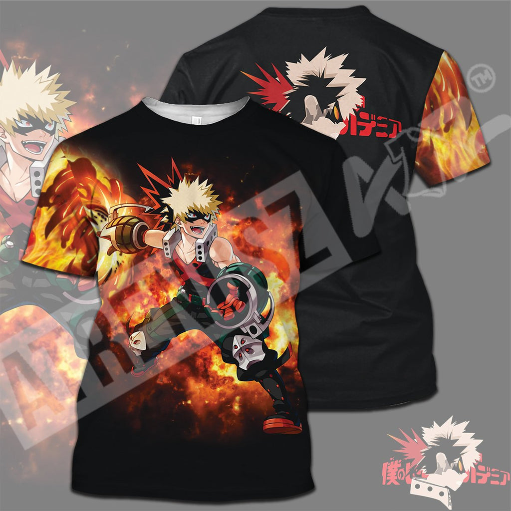  My Hero Academia T-shirt Bakugou Silhouette Fire My Hero Academia Logo Black T-shirt Hoodie  