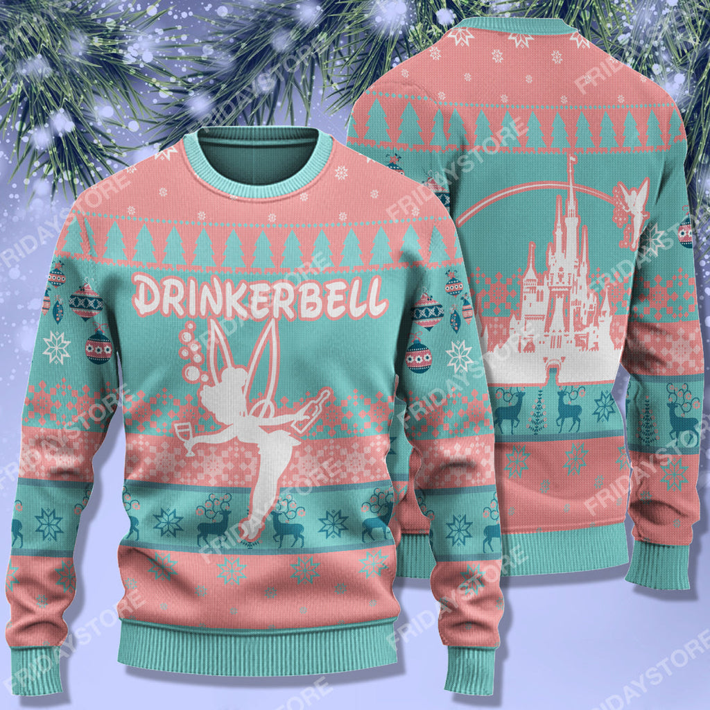 DN Sweater Drinkerbell Christmas Blue Pink Ugly Sweater High Quality Tinkerbell Ugly Sweater