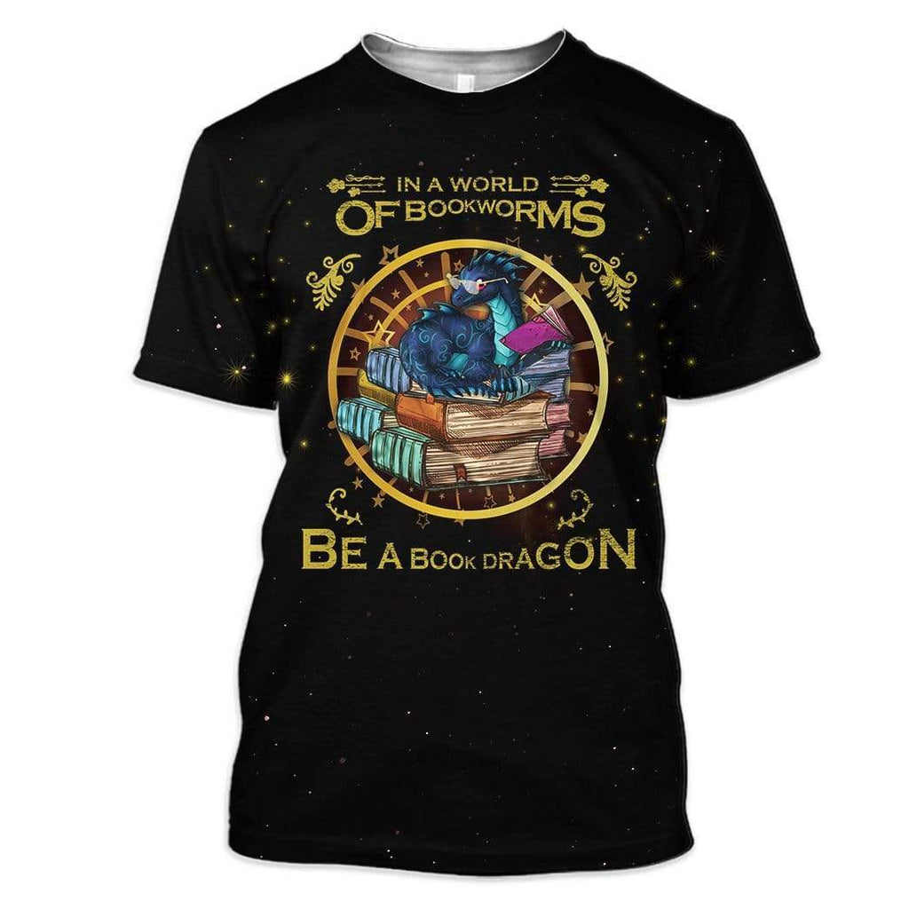 Gifury Book T-shirt In A World Of Bookworms Be A Book Dragon Black Shirt National Book Lovers Day Hoodie Book Apparel 2023