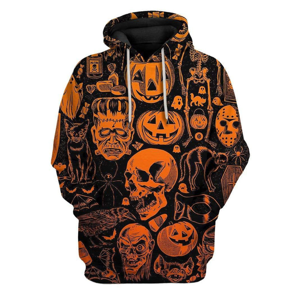 Gifury Halloween Hoodie Halloween Apparel Halloween Common Monsters Pattern Black Orange Hoodie Halloween Clothing 2022